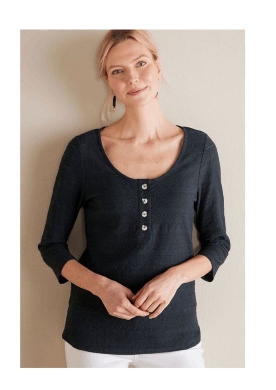 NWT Soft Surroundings Jude Textured Top Black Henley 3/4 Sleeve Cotton Size XL